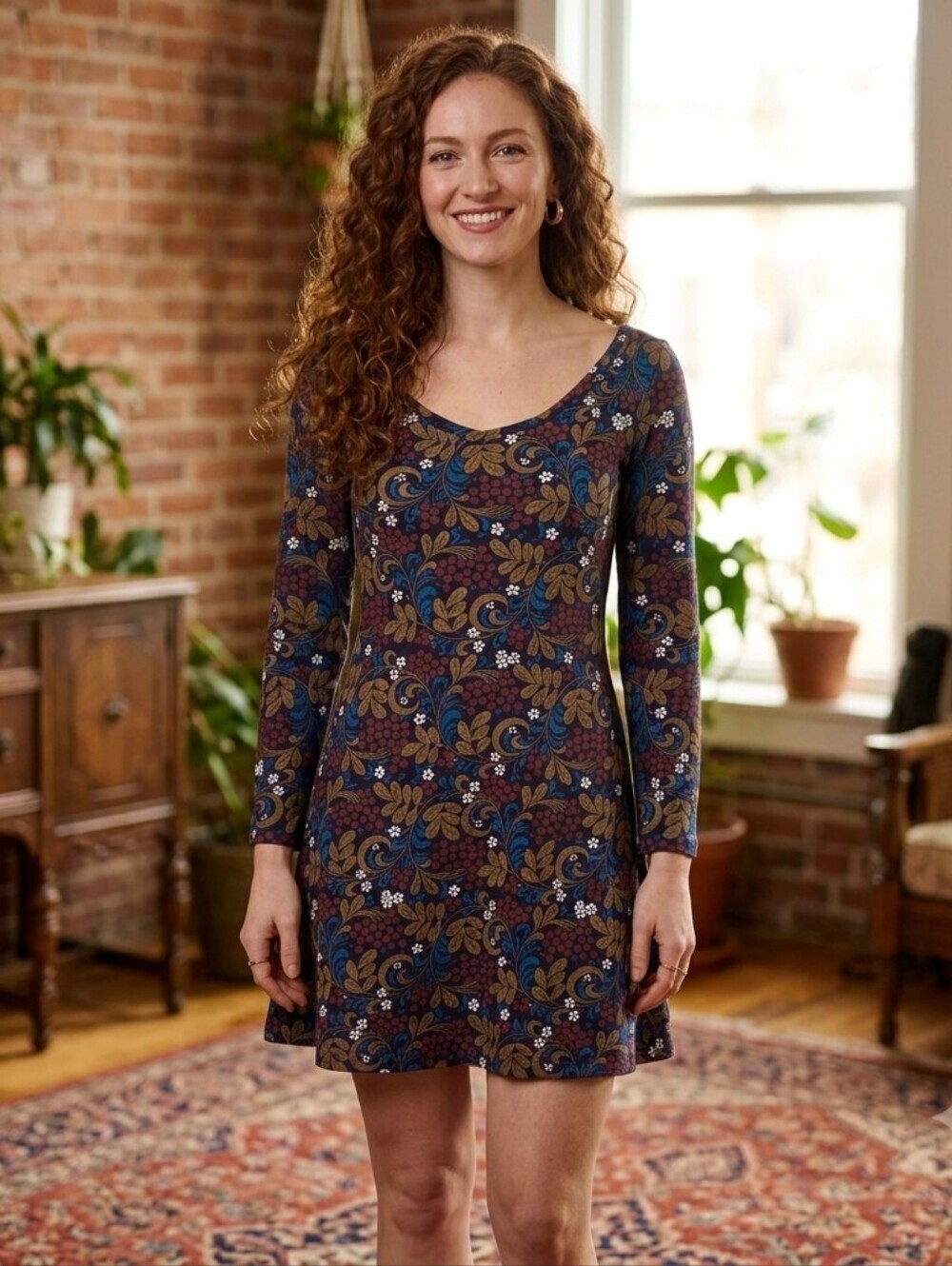 Effie's Heart Relax Tunic Dress Size M Currants Floral Retro Boho Long Sleeve